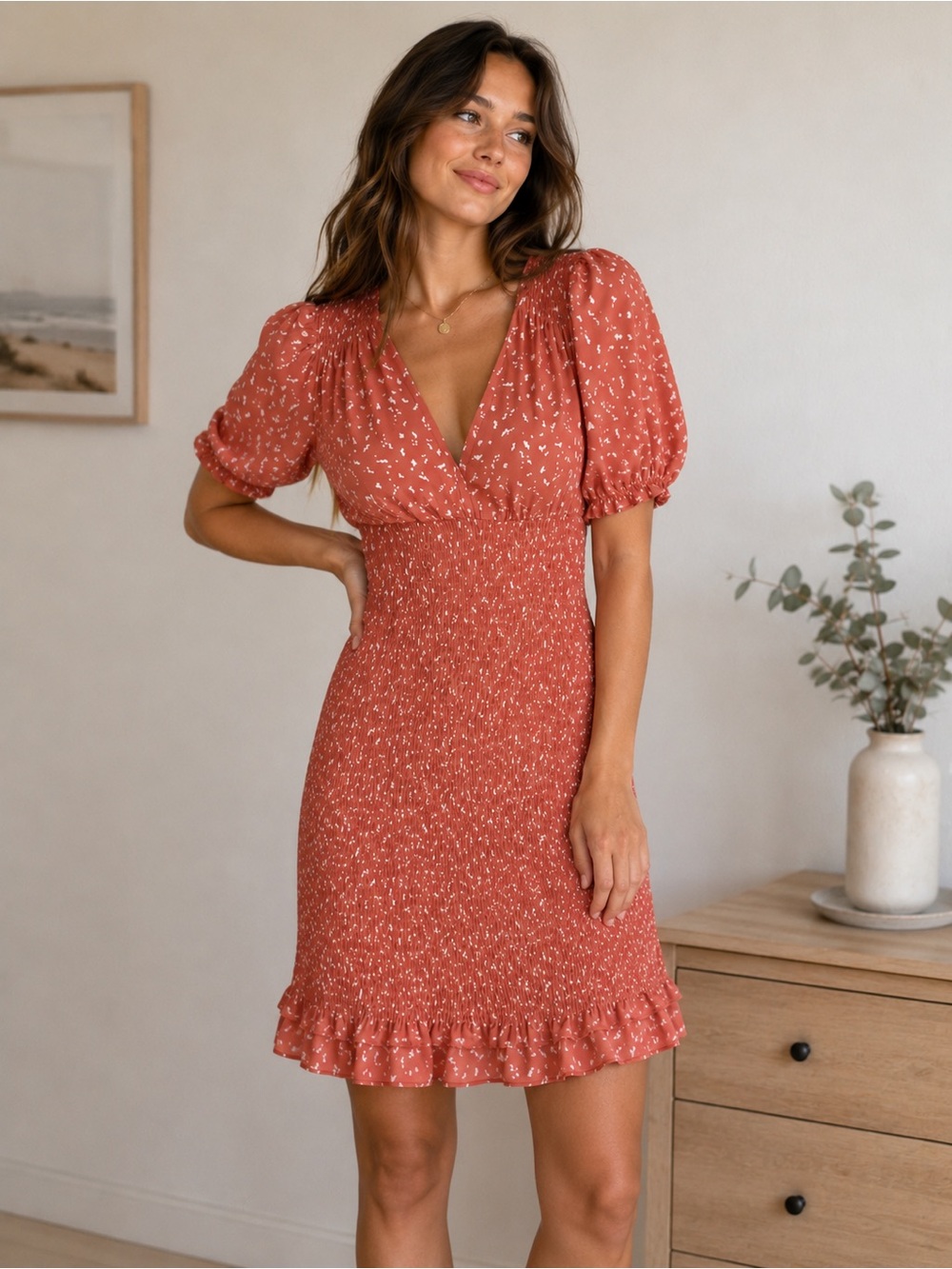 Abercrombie & Fitch Rust Floral V-Neck Smocked Mini Dress